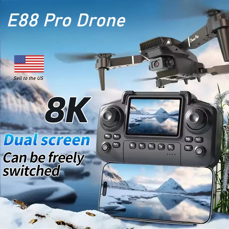 E88 Pro Drone with remote control and dual screen display in a snowy landscape