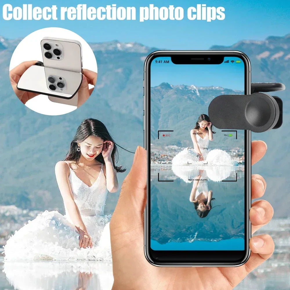 Smartphone with reflection photo clips app showing a woman in a white dress reflected in water with mountains in the background.