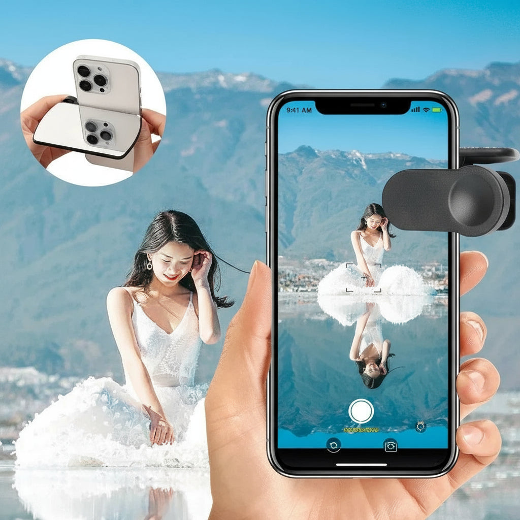 Smartphone with reflection photo clips app showing a woman in a white dress reflected in water with mountains in the background.