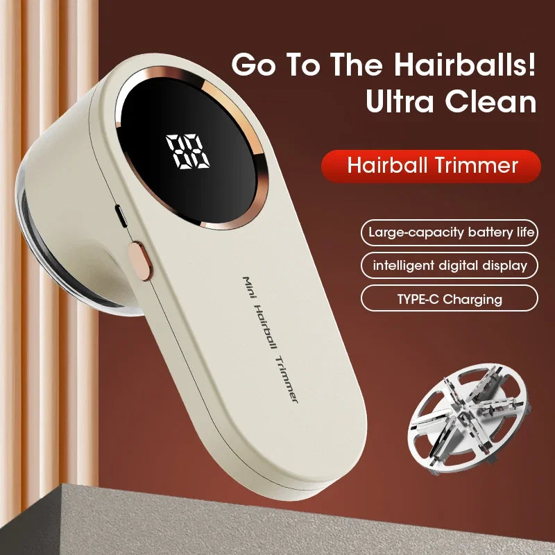 Hairball trimmer with digital display on a brown background