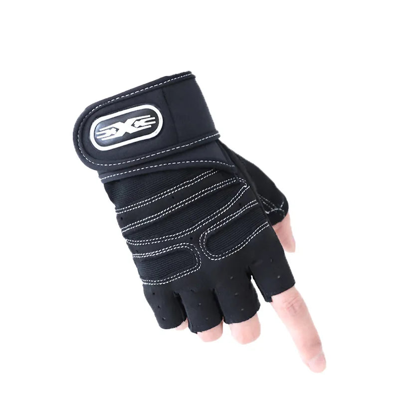 Black fitness glove with wrist wrap on a white background