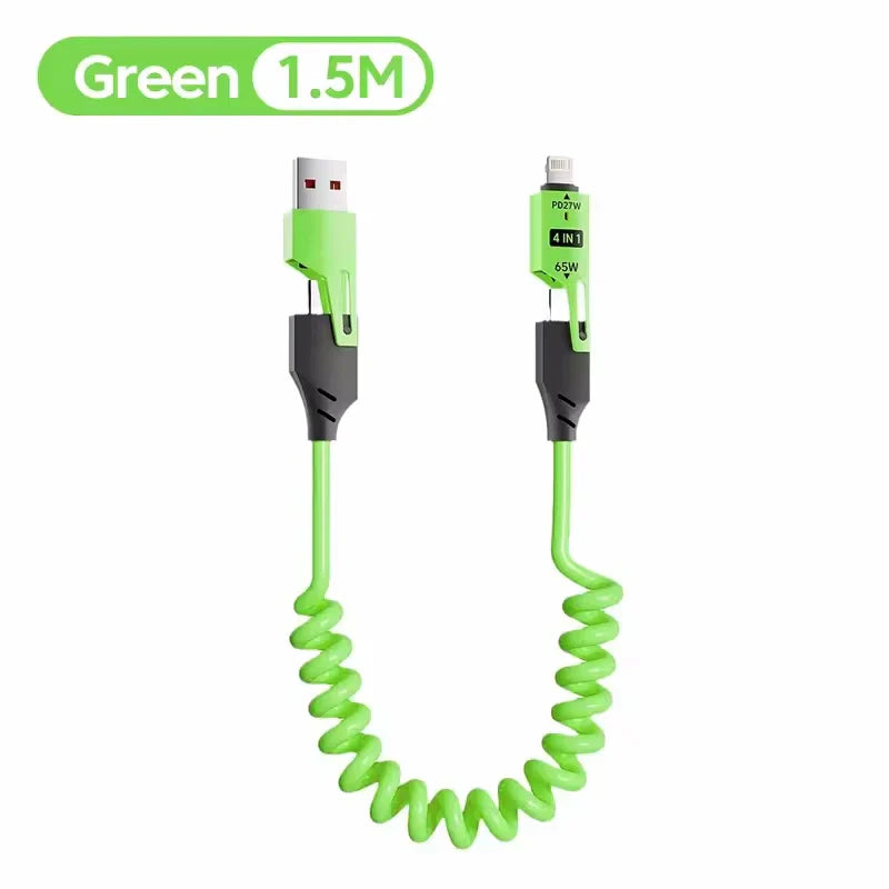 Green spiral cable with USB and Lightning connectors on a white background