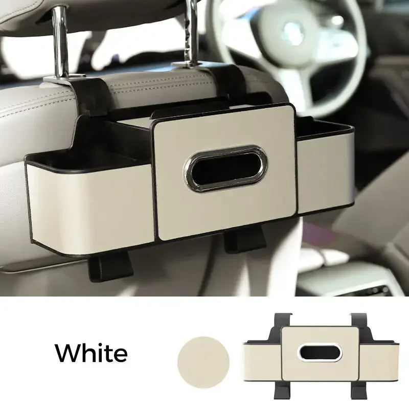 Car organizer with cup holder and tray attached to car seat, with a white color swatch.