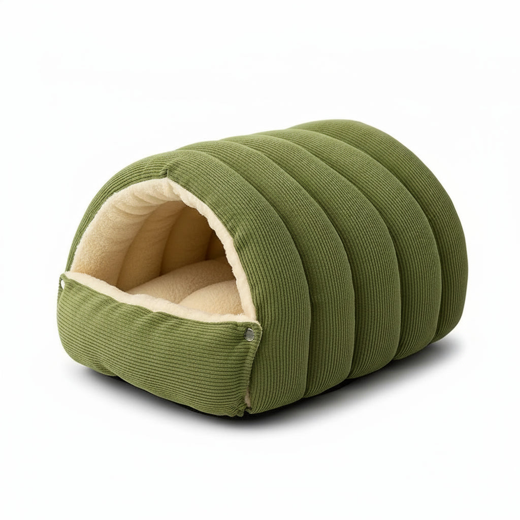 Green pet bed with dimensions on a white background