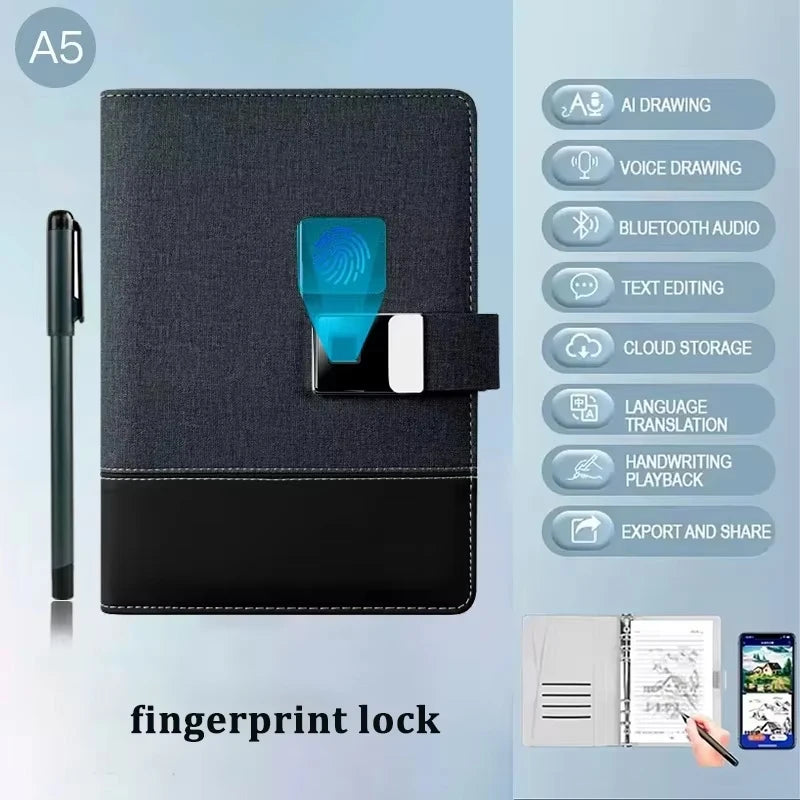 Black and blue electronic device with fingerprint lock on a light blue background
