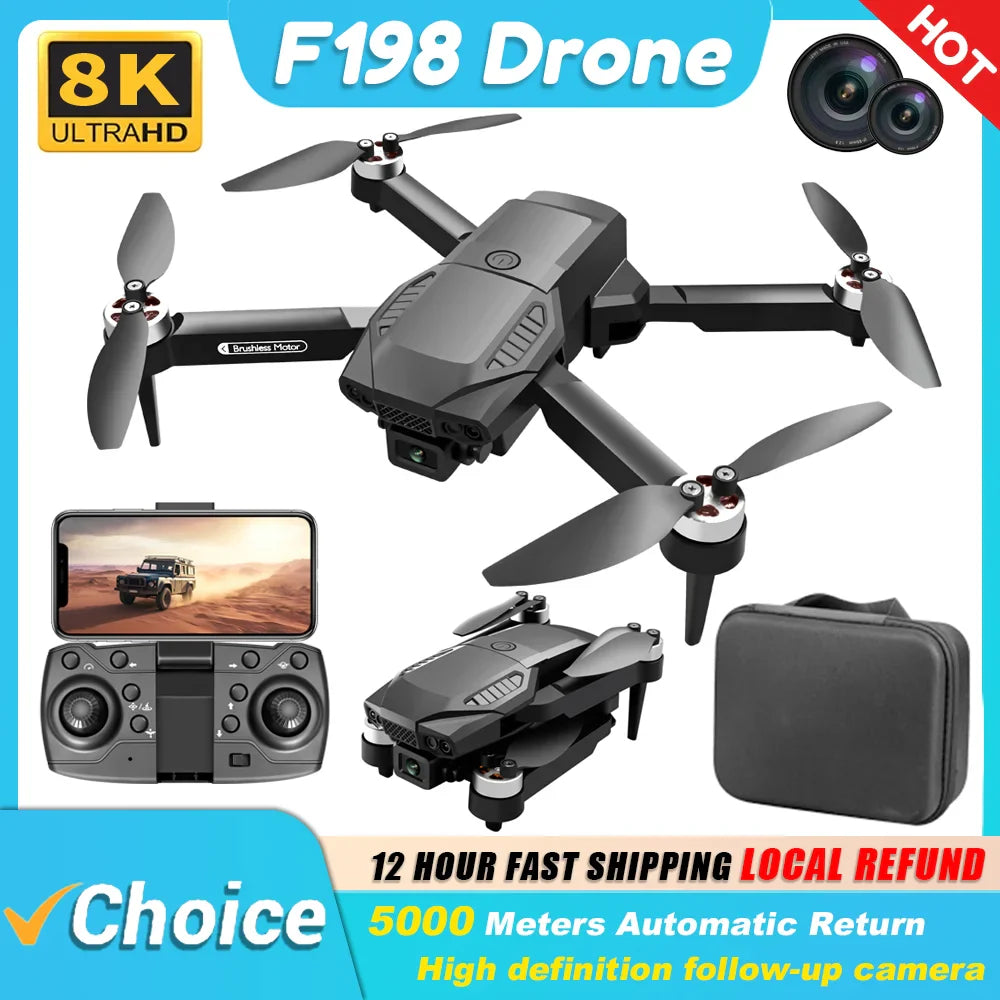 F198 Drone with 8K UltraHD camera, remote control, and carrying case on a blue background.