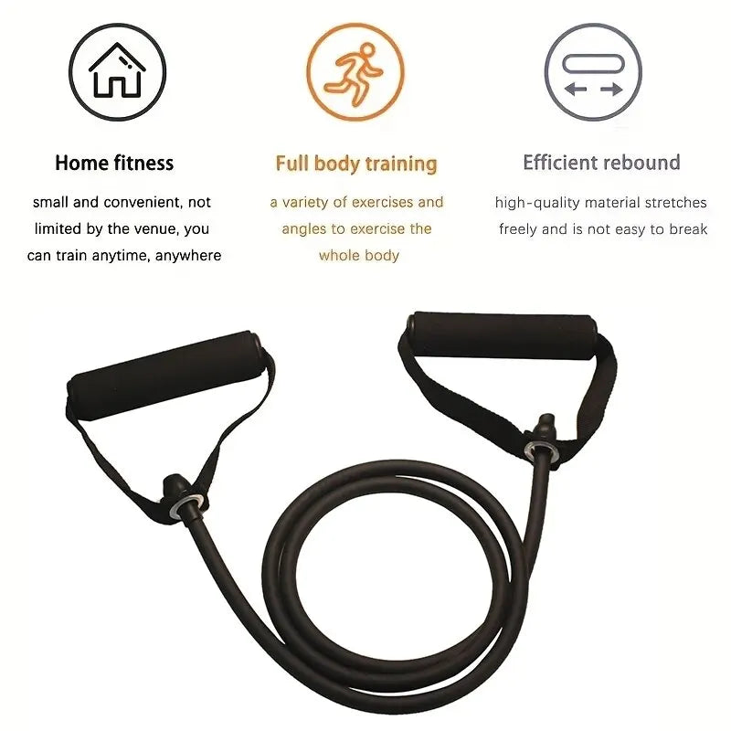 Black resistance band with text describing its features on a white background