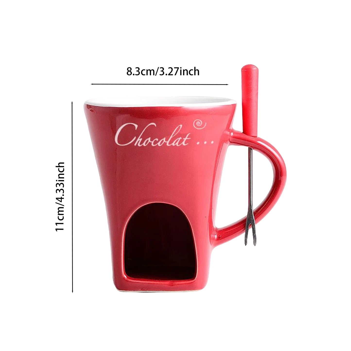Red mug with chocolate holder and spoon, labeled 'Chocolat', on a white background with measurements.