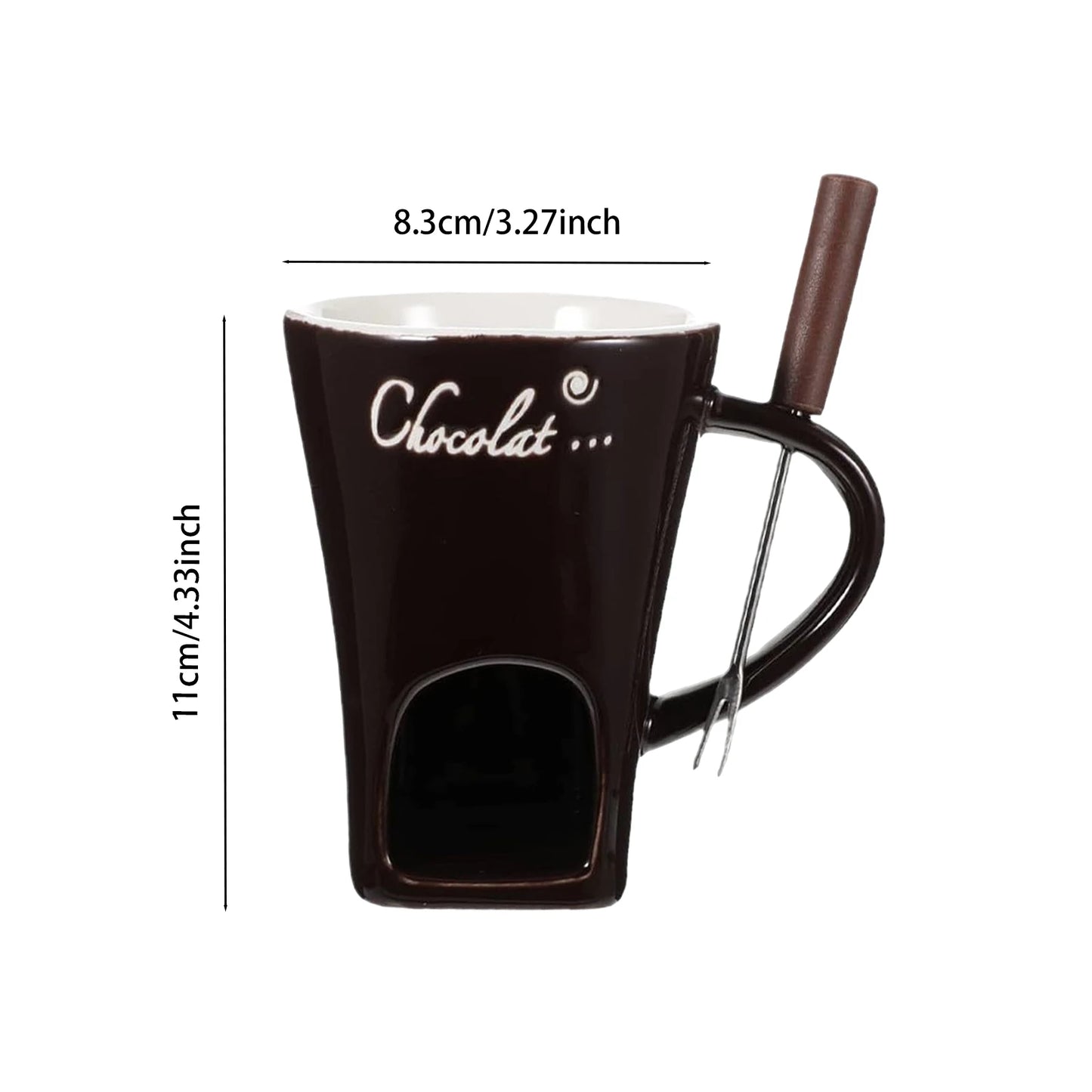 Black mug with 'Chocolat' text and spoon holder, showing dimensions on a white background
