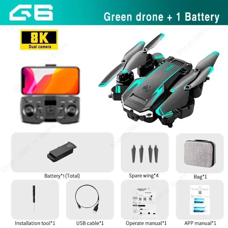 Green drone with 8K dual camera system, battery, spare wing, bag, installation tool, USB cable, operate manual, and app manual on a white background.