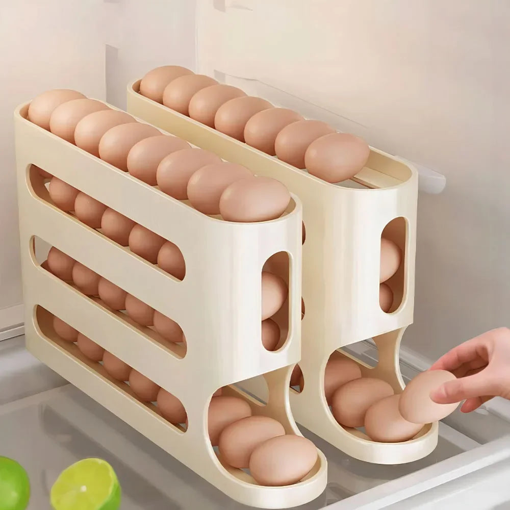 Beige egg holder with eggs on a kitchen counter