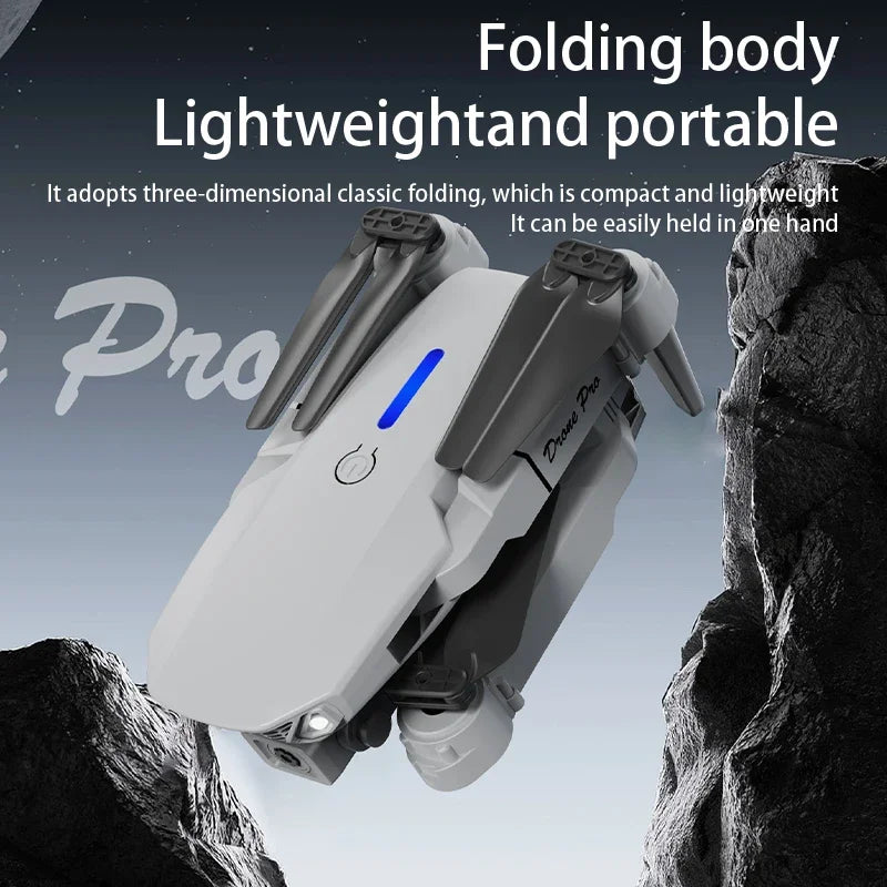 White and gray device with blue light on a rocky background, text about folding body and portability.