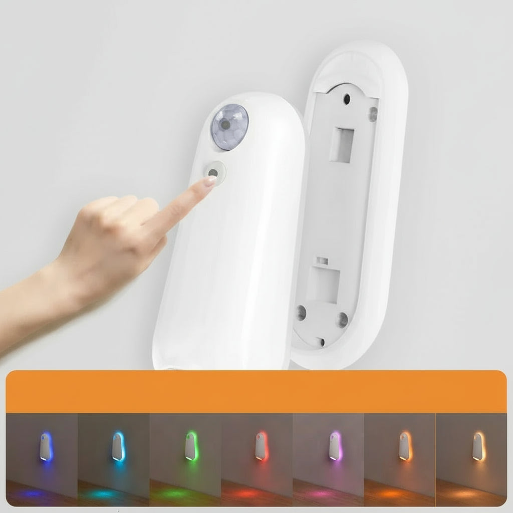 Infrared sensor light with labeled parts and color options on a white background