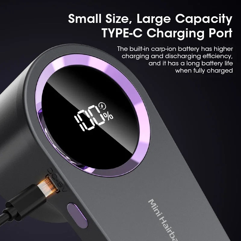 Black hair dryer with digital display and charging cable, featuring text about battery capacity and efficiency.