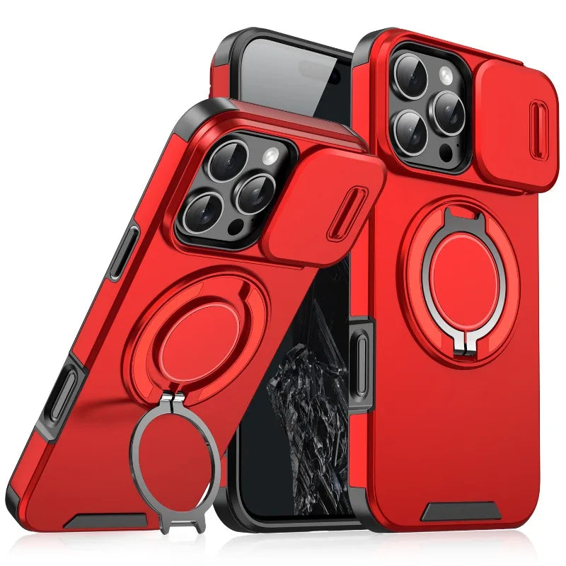 Red phone case with ring holder and camera protection on a white background
