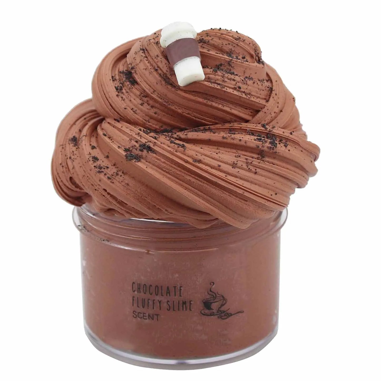Jar of chocolate-flavored slime with a fluffy top on a white background