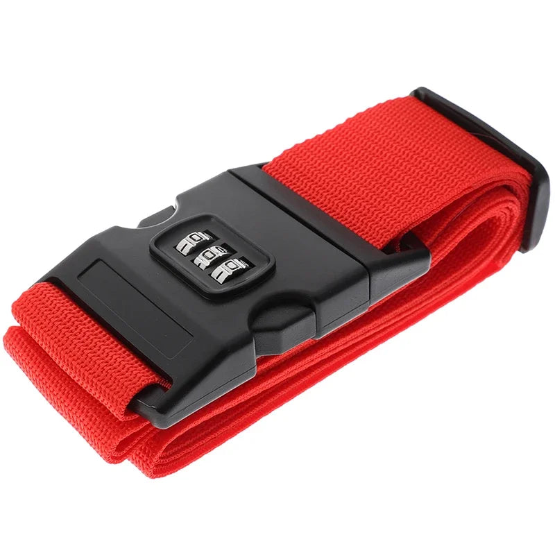 Red luggage strap with a black combination lock on a white background