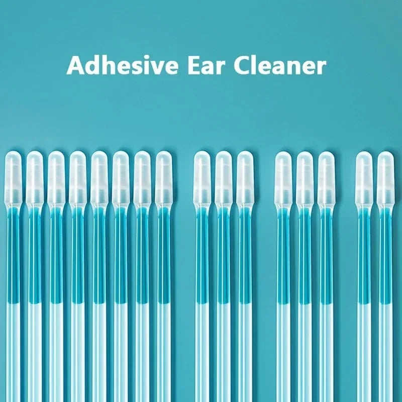 Adhesive ear cleaners with blue and white design on a teal background