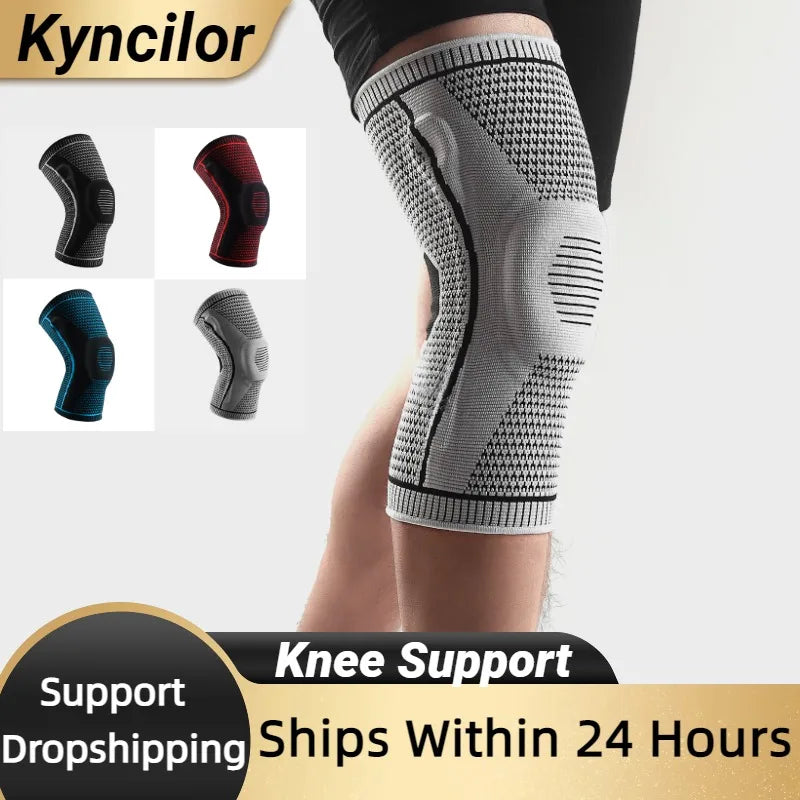 Gray knee support brace on a person's leg with Kyncilor branding and product images.