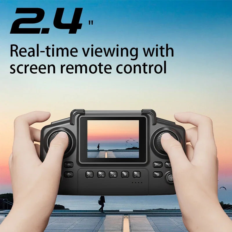 Hands holding a screen remote control device with a scenic display, set against a scenic background.