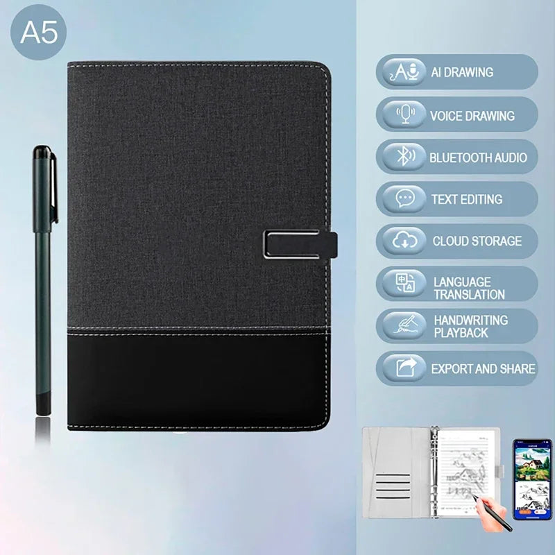 Black A5 notebook with pen on a light blue gradient background, featuring app icons on the right.