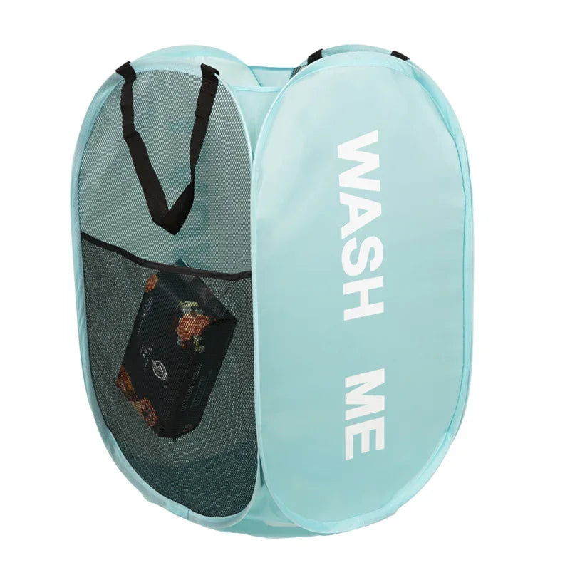 Light blue laundry bag with black mesh pocket and 'WASH ME' text on a white background