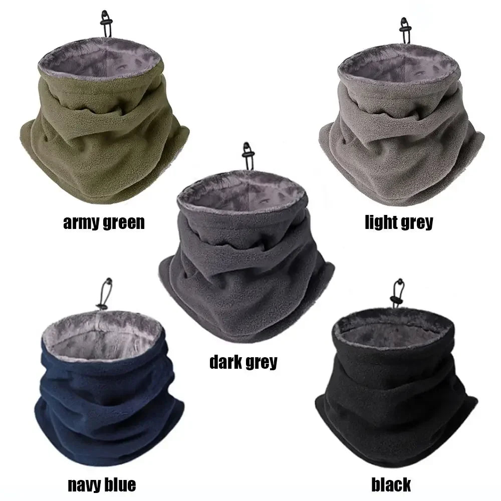Five neck gaiters in different colors with labels on a white background
