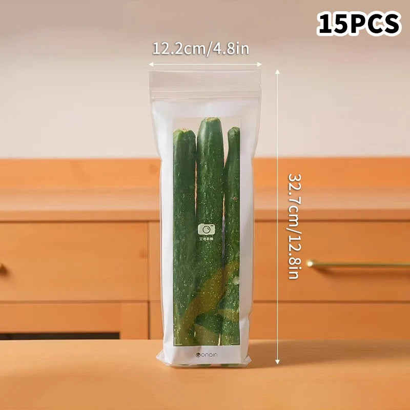 Pack of cucumbers with dimensions labeled on a wooden surface