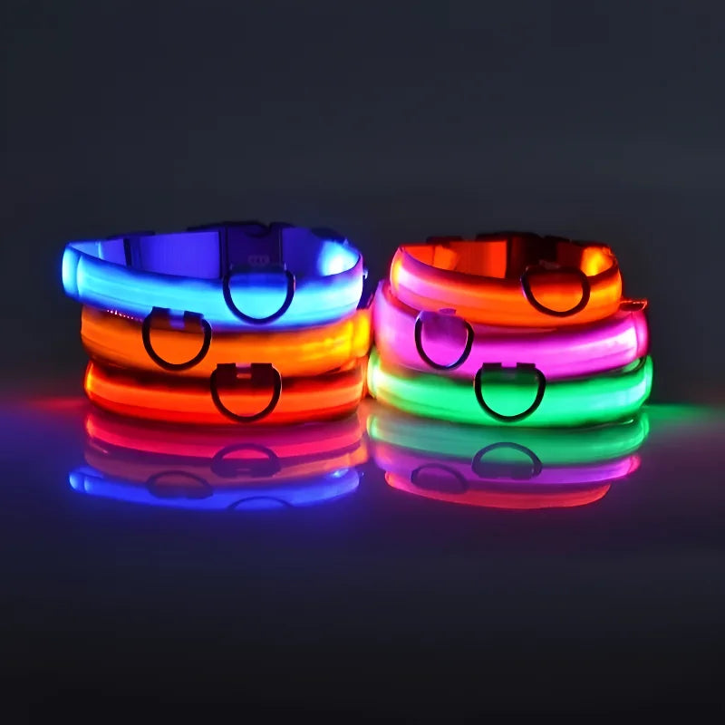 Four colorful LED dog collars stacked on a reflective surface with a dark background