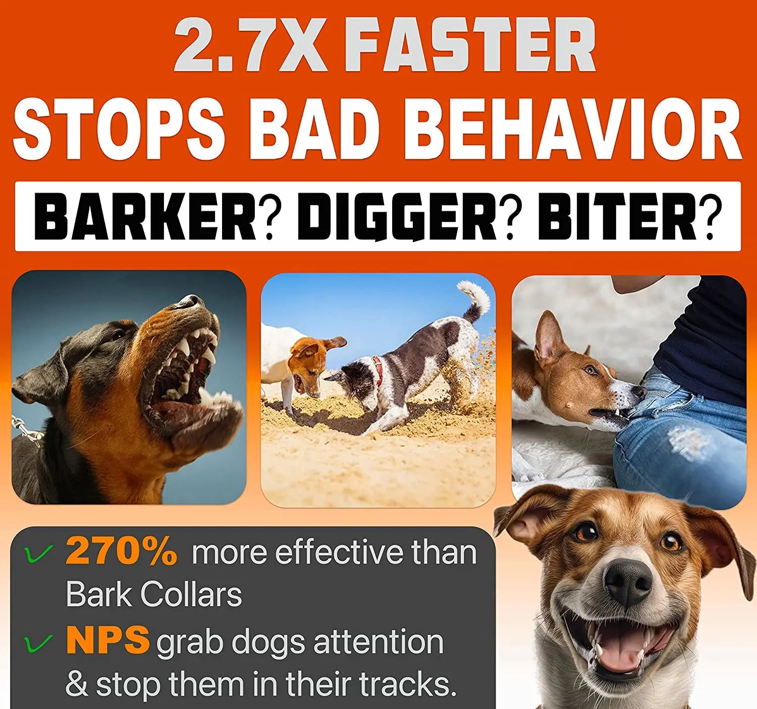 Advertisement for a dog behavior product with images of dogs and text about its effectiveness.