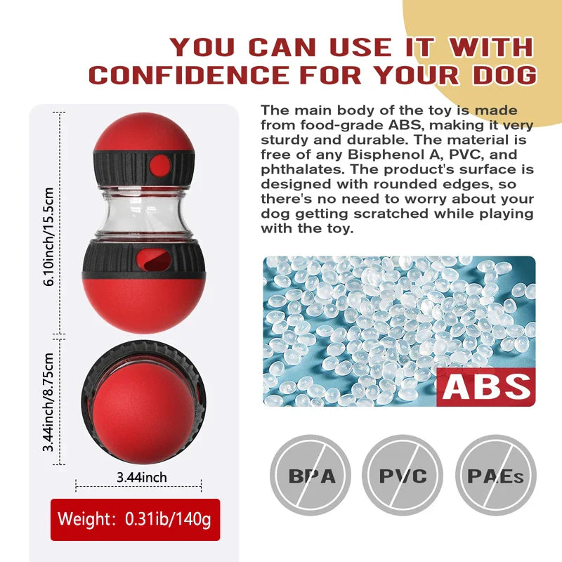 Dog toy with red and black design, material information, and safety certifications on a white background.