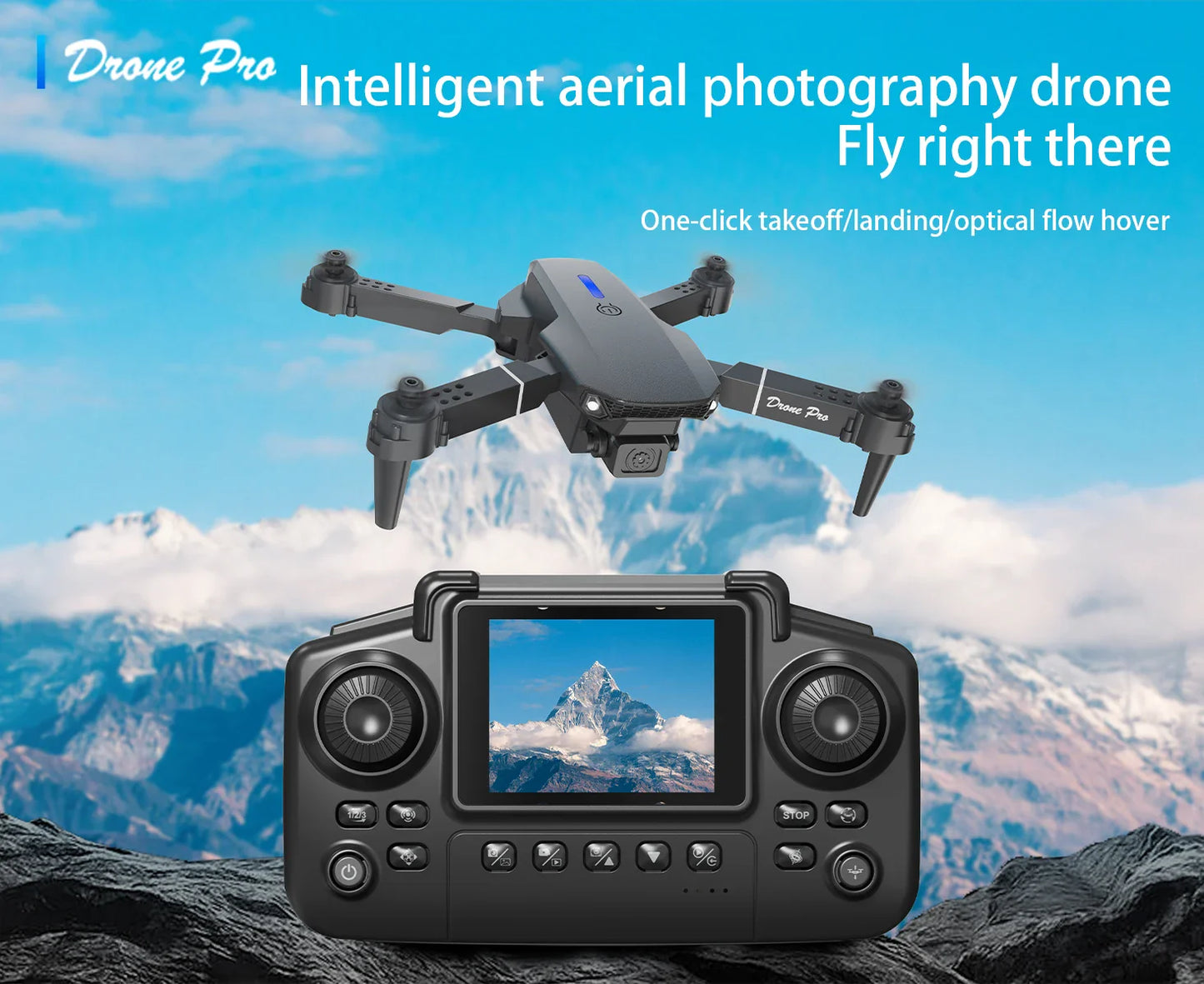 Drone Pro intelligent aerial photography drone with controller against a mountainous landscape background