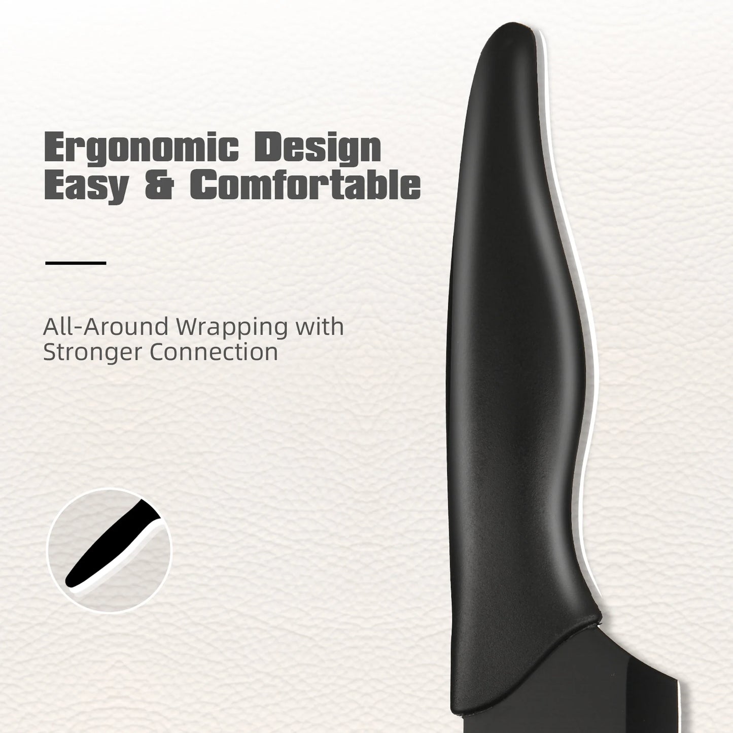 Black ergonomic tool handle with text on a white background