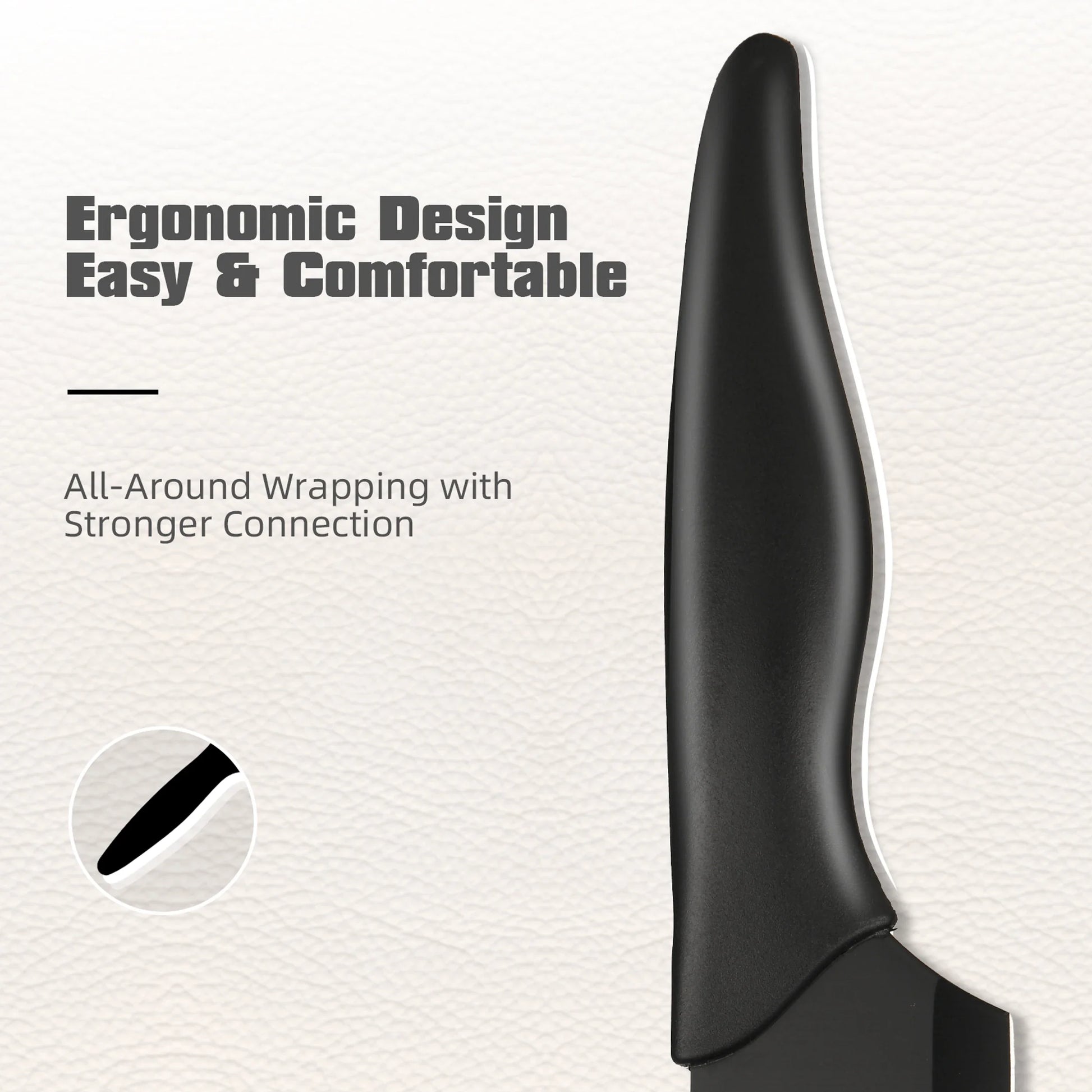Black ergonomic tool handle with text on a white background