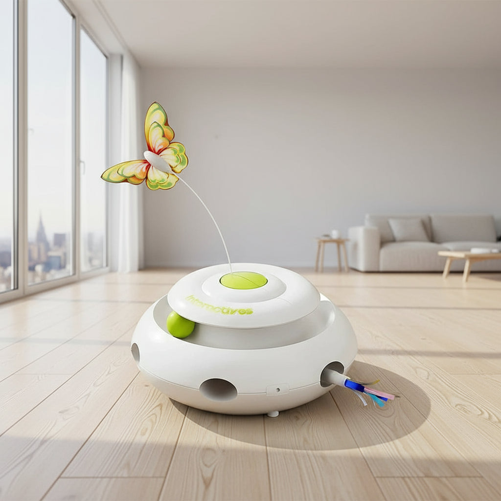 White toy with green ball on a wooden floor, featuring colorful butterfly graphics and text.