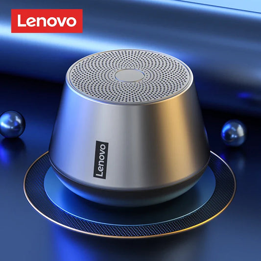 Lenovo speaker on a dark blue background with Lenovo logo above