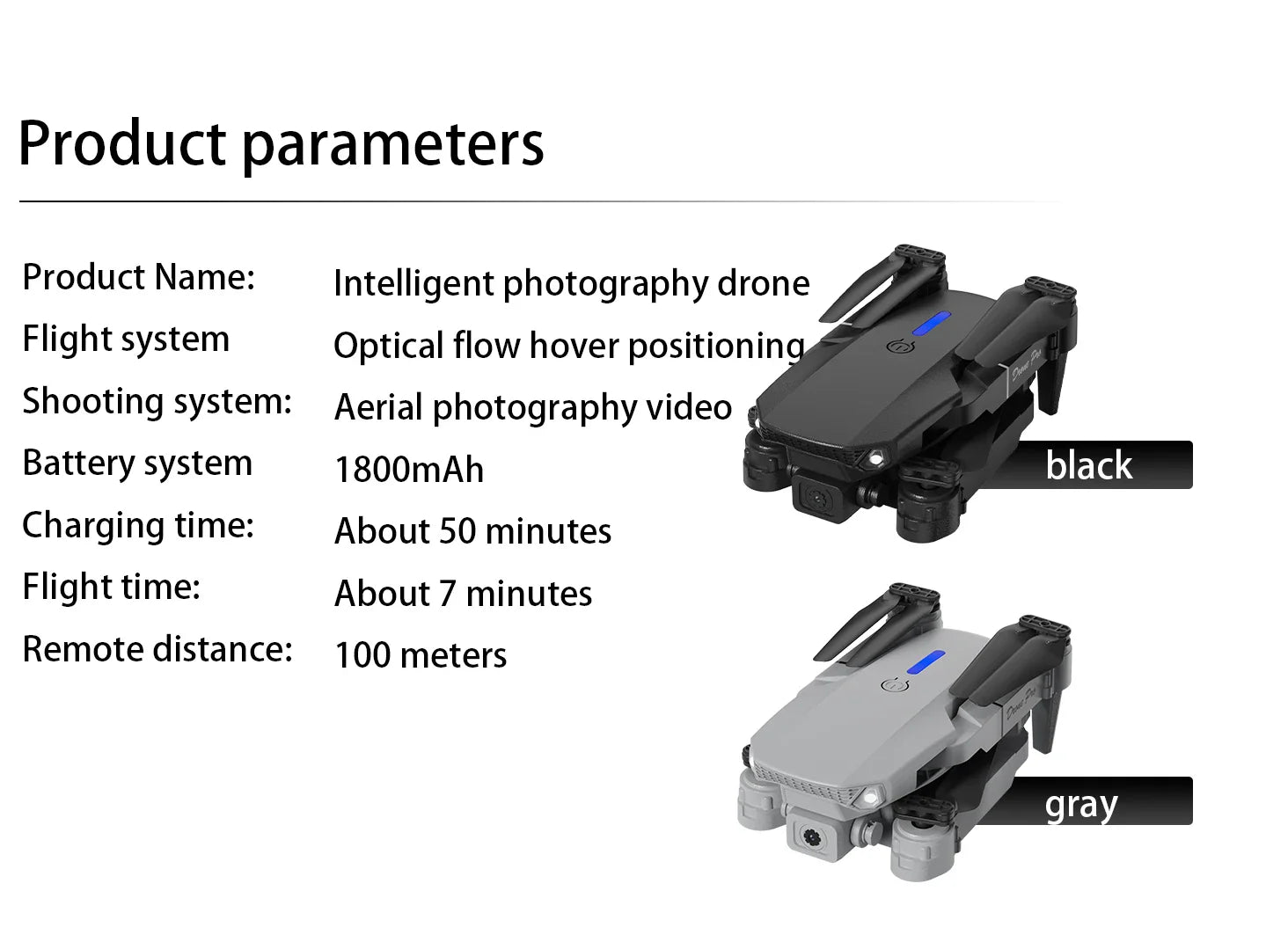 Intelligent photography drone with specifications on a white background