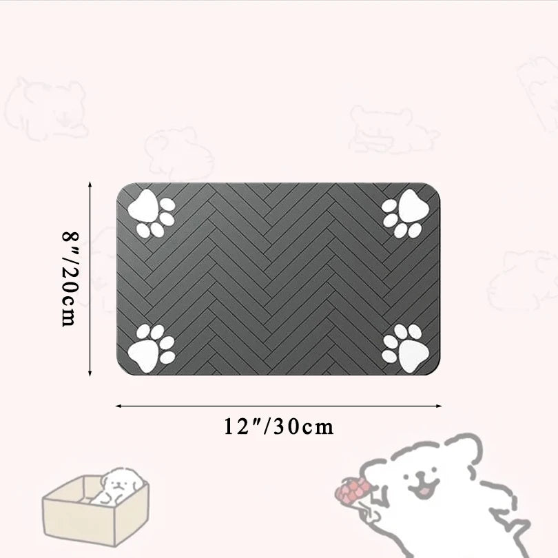 Pet mat with paw prints and dimensions on a white background
