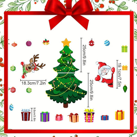 Set of Christmas-themed wall stickers with a tree, Santa Claus, reindeer, and presents on a decorative border.
