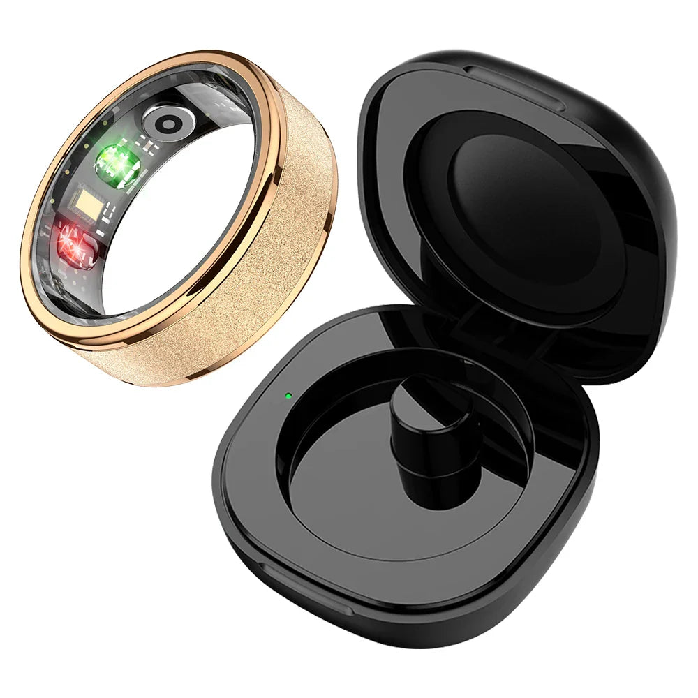 Smart ring with a gold band and black case on a white background