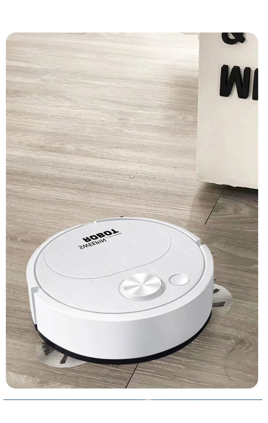 White robotic vacuum cleaner on a wooden floor