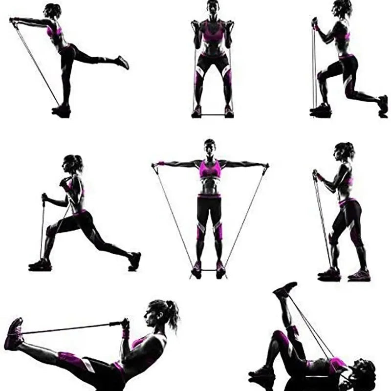 Silhouettes of a woman performing various resistance band exercises on a white background