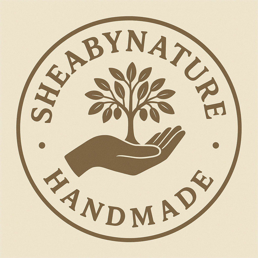 Sheaby Nature Handmade logo with a hand holding a tree on a beige background