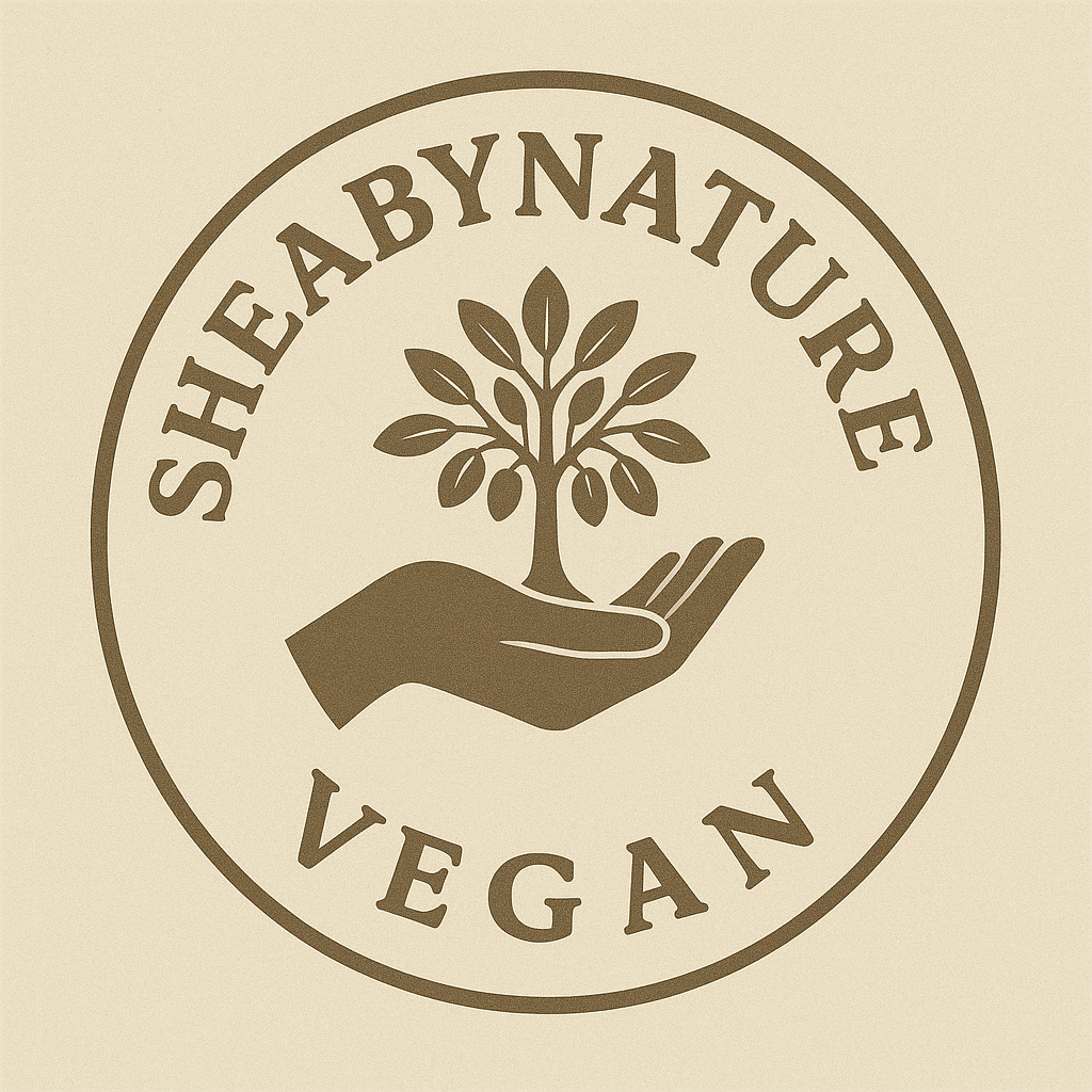 Shea By Nature Vegan logo with a hand holding leaves on a beige background