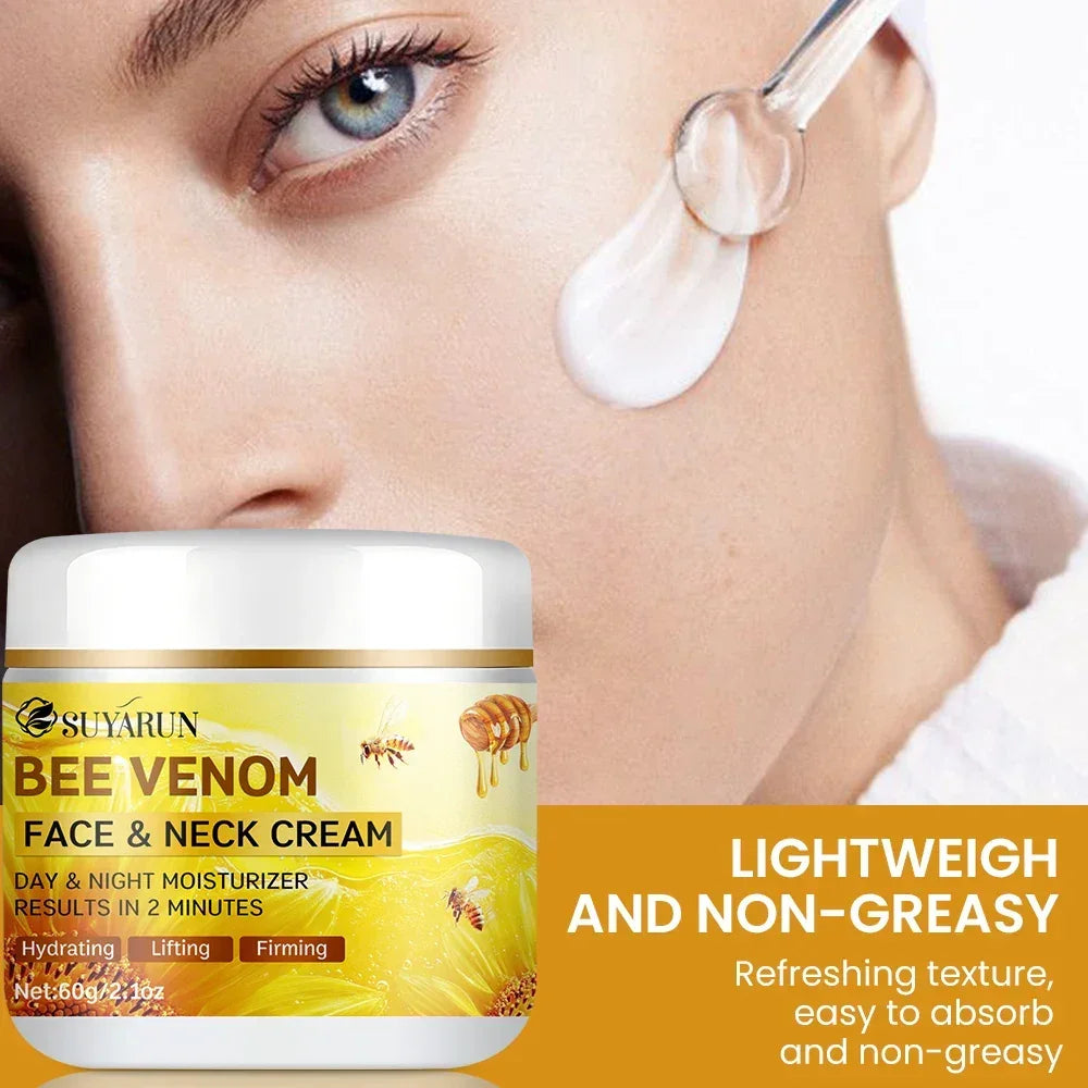 Suyarun Bee Venom Face & Neck Cream with a close-up of a woman applying cream to her face.