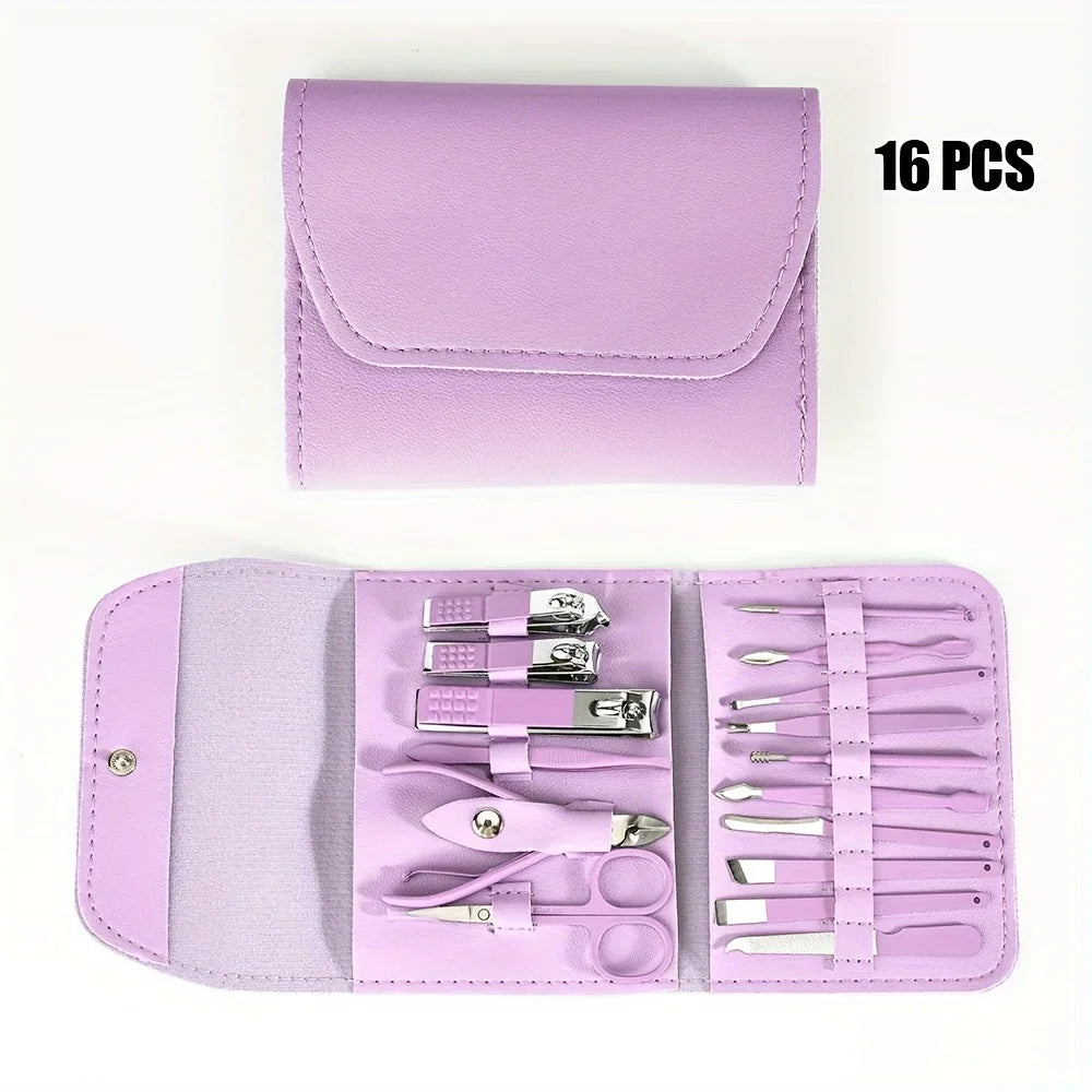 Purple manicure set with tools inside a matching case on a white background