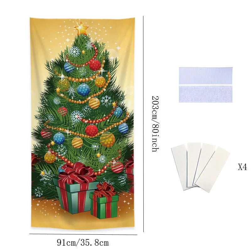 Decorative towel with a Christmas tree and presents design, including dimensions and additional towels.