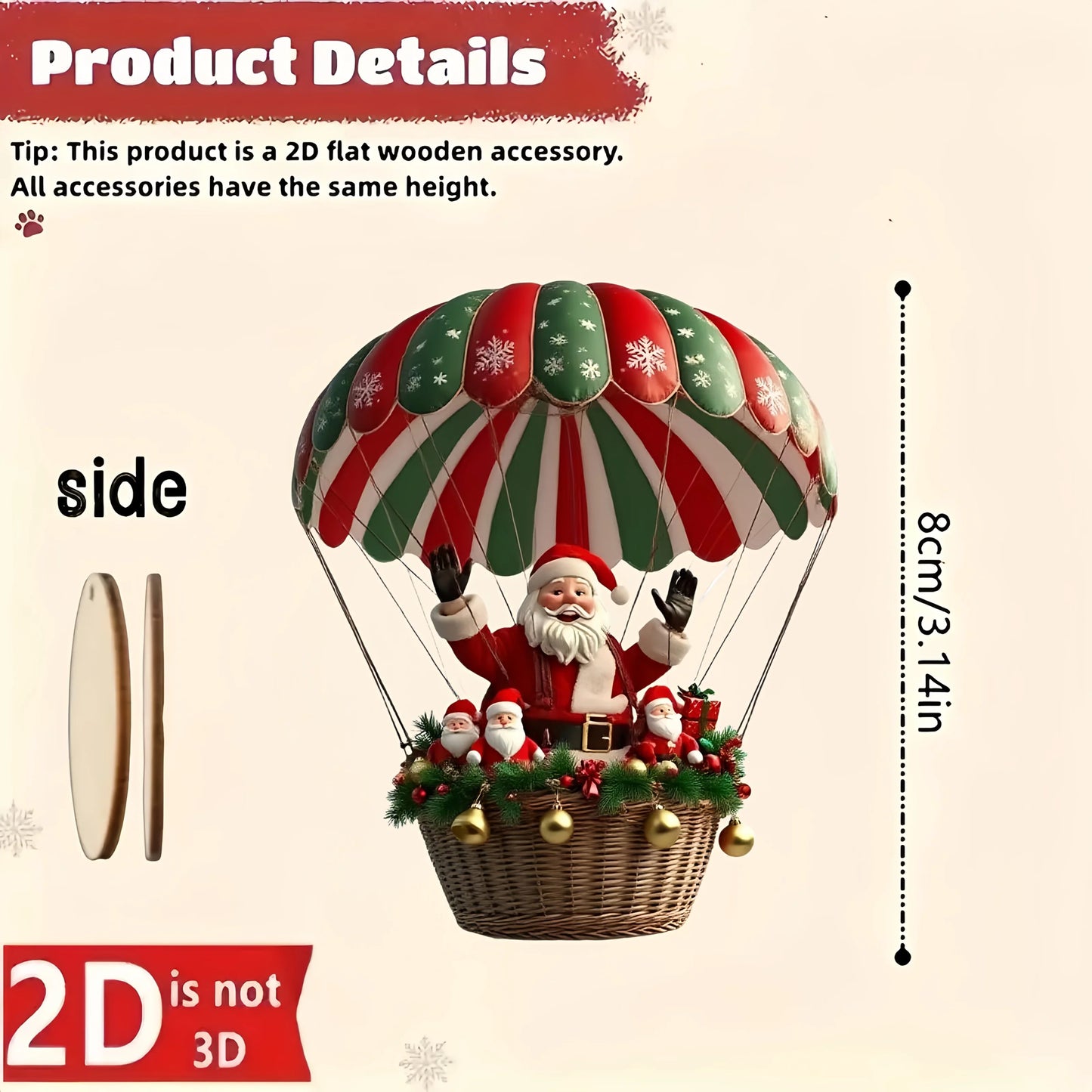 Decorative accessory of Santa Claus in a hot air balloon with measurements on a beige background