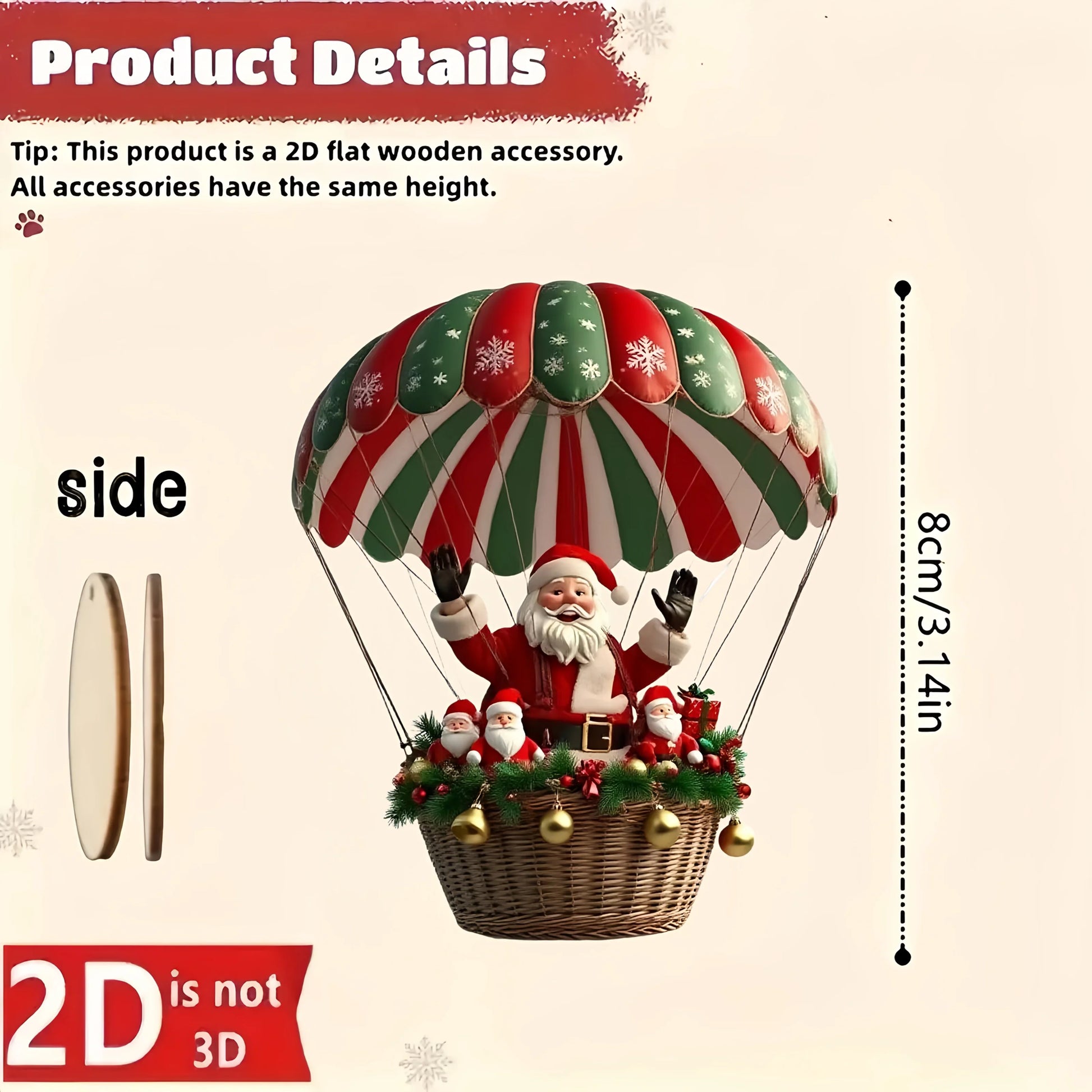 Decorative accessory of Santa Claus in a hot air balloon with measurements on a beige background