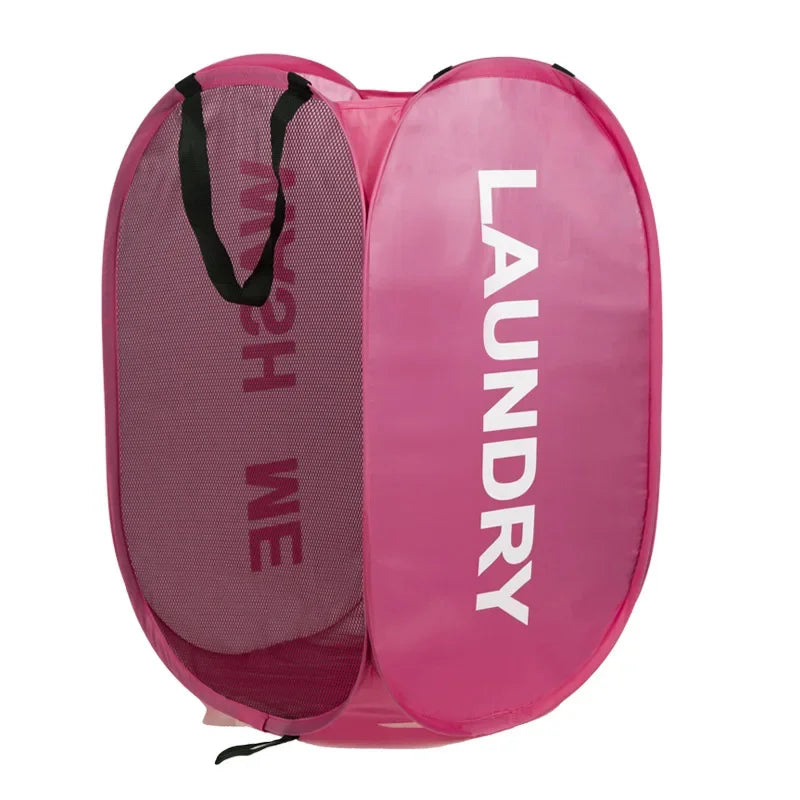 Pink laundry bag with text on a white background
